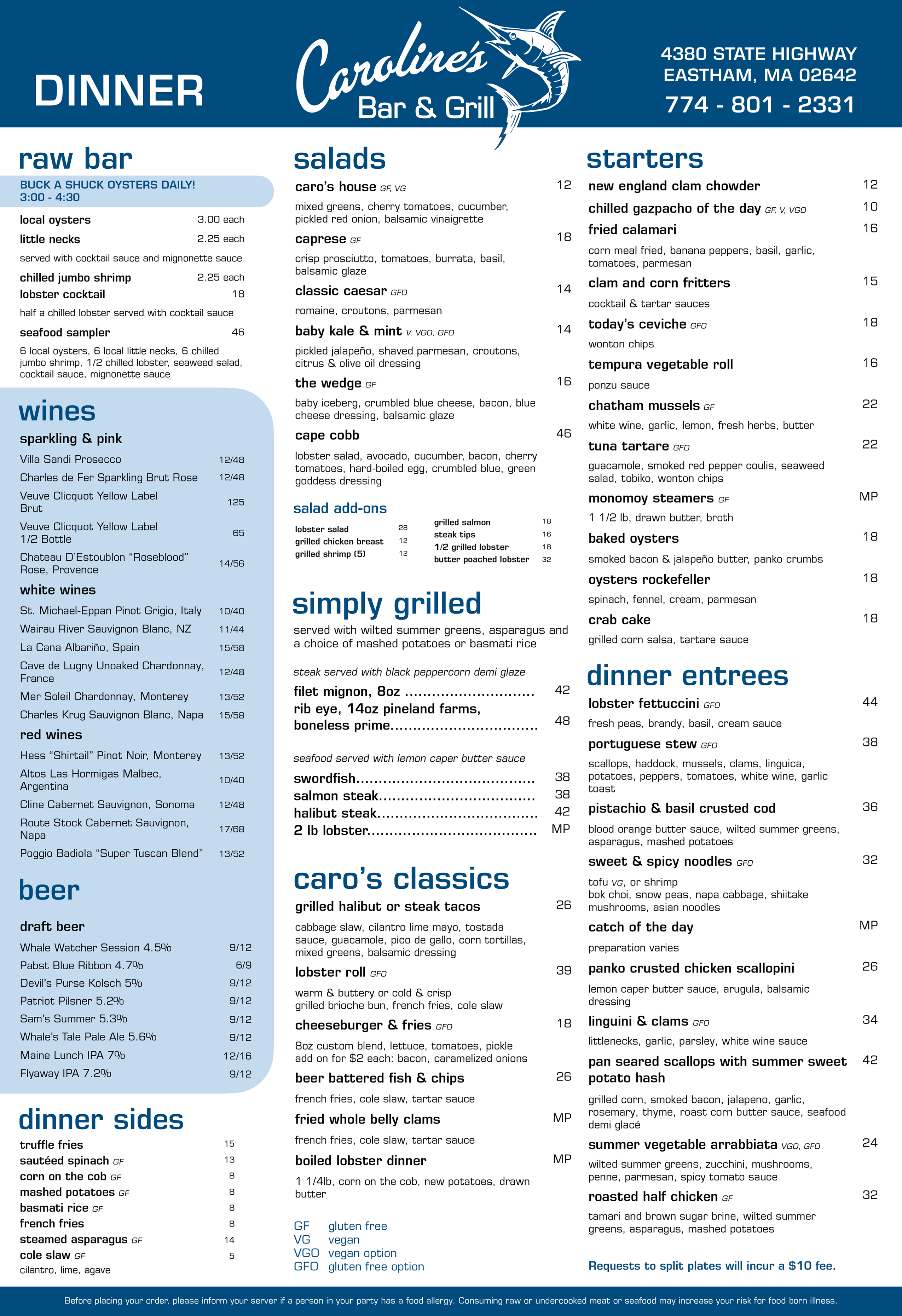 Caroline's Dinner Menu